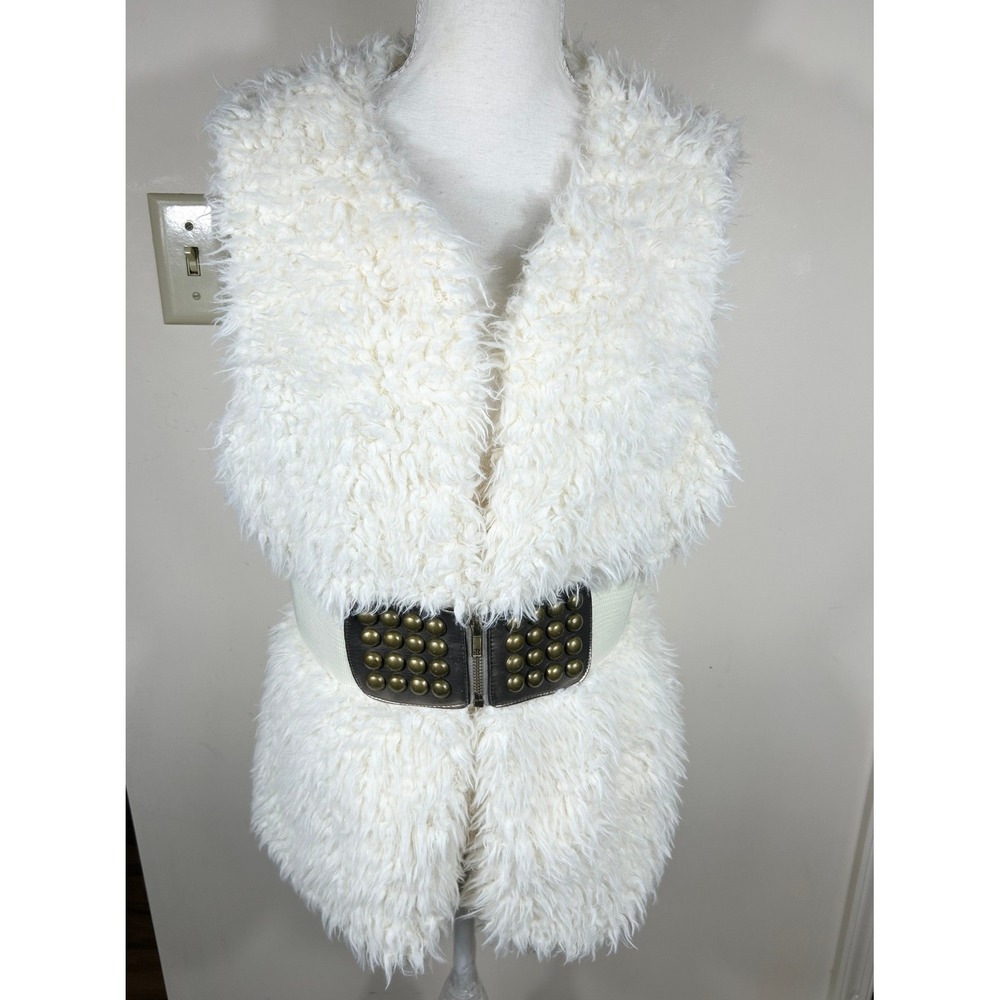 Y2K 00s Wet Seal Faux Fur Vest Women 1X Cream Shaggy‎ Belted Studded Bratz Indie